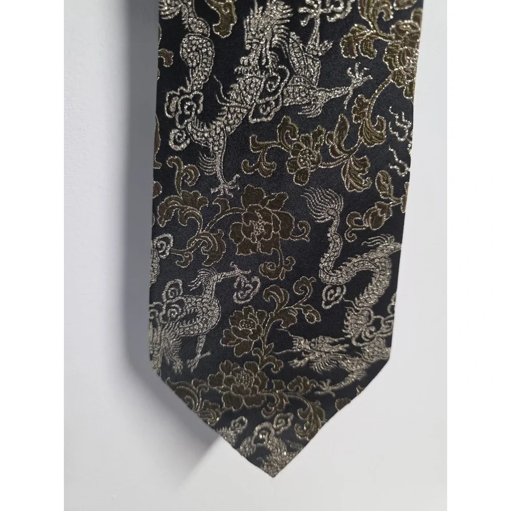 Nanjing Yun Brocade Research Institute Mens Black Gold Metallic Silk Dragon Tie